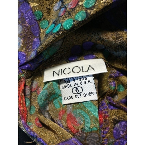 Vintage 80s Size 6 Small Nicola Jewel Tone Shoulder Pad Pleated Blouse High Neck - Picture 9 of 11